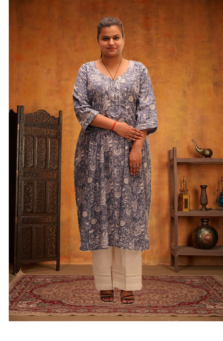 Soft Cotton Floral Flared Gray Kurta Set