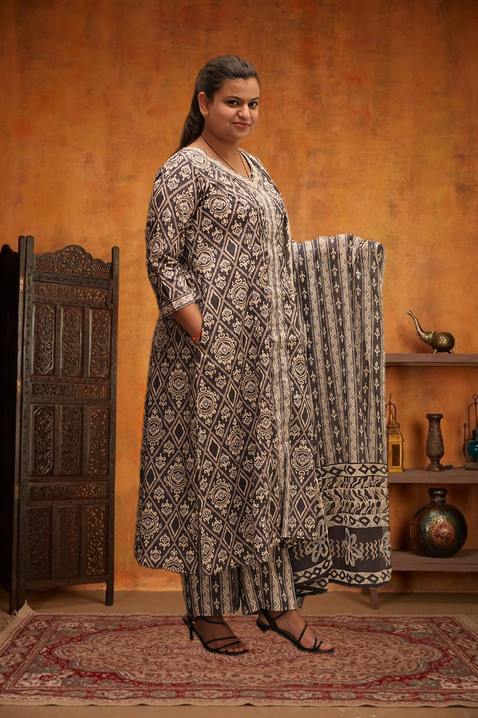 Soft Cotton Flared Grey Kurta Set