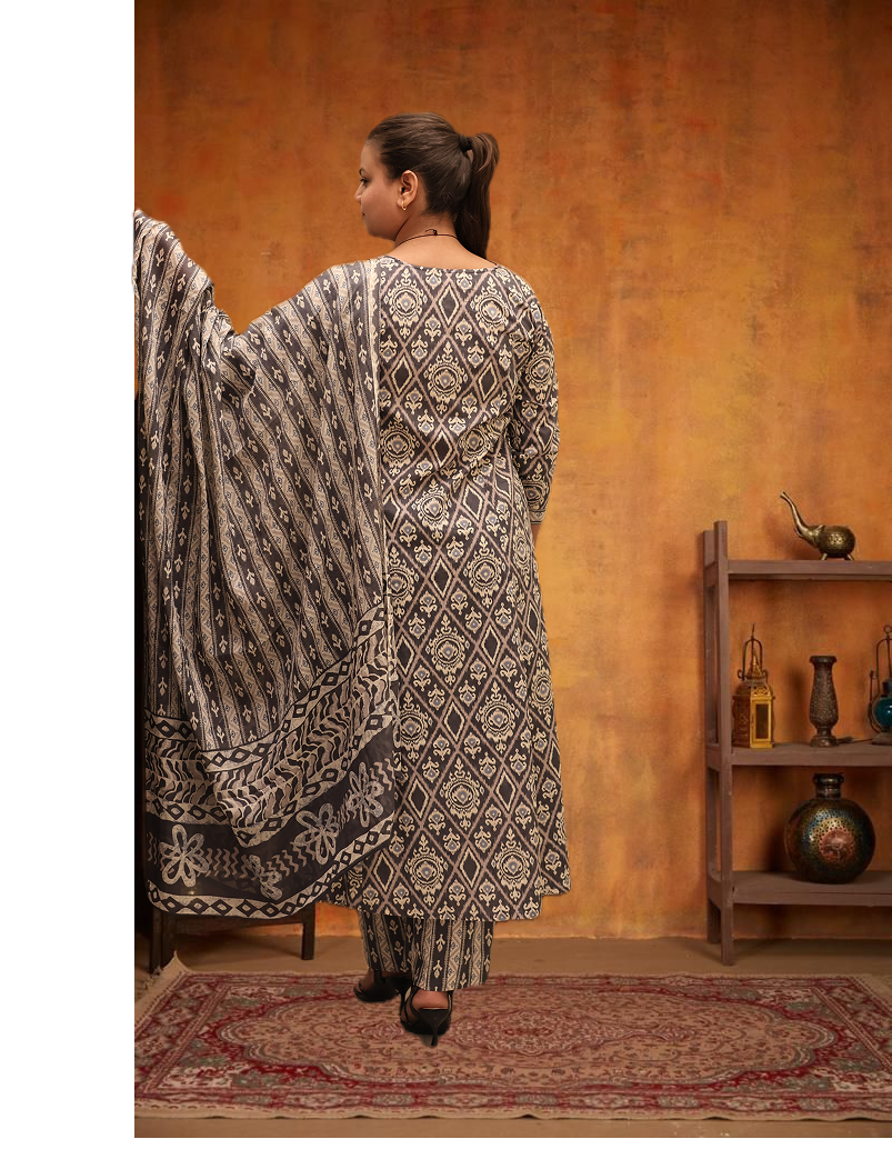 Soft Cotton Flared Grey Kurta Set