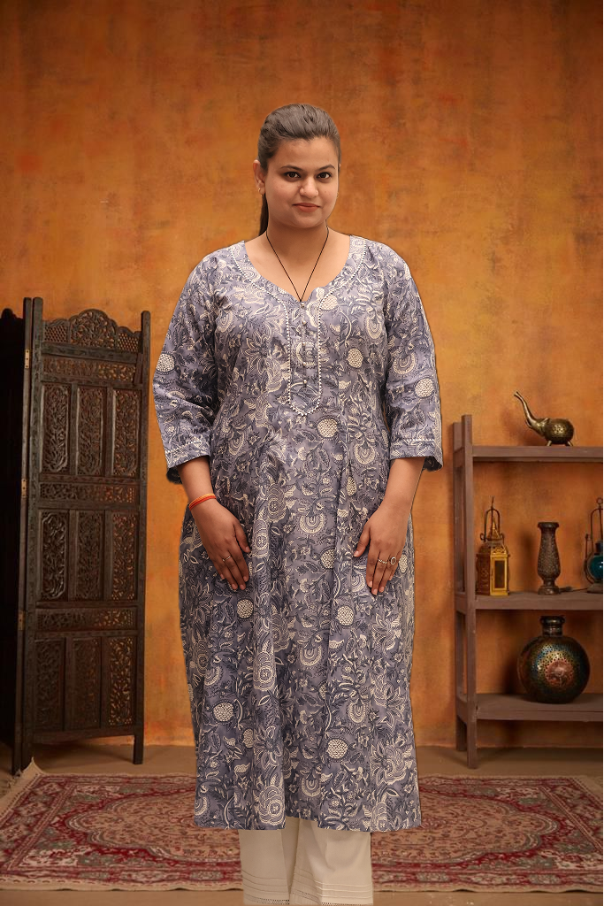 Soft Cotton Floral Flared Gray Kurta Set