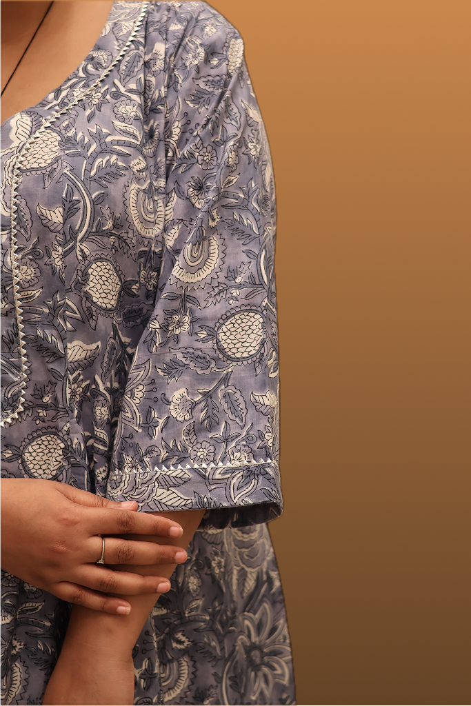 Soft Cotton Floral Flared Gray Kurta Set