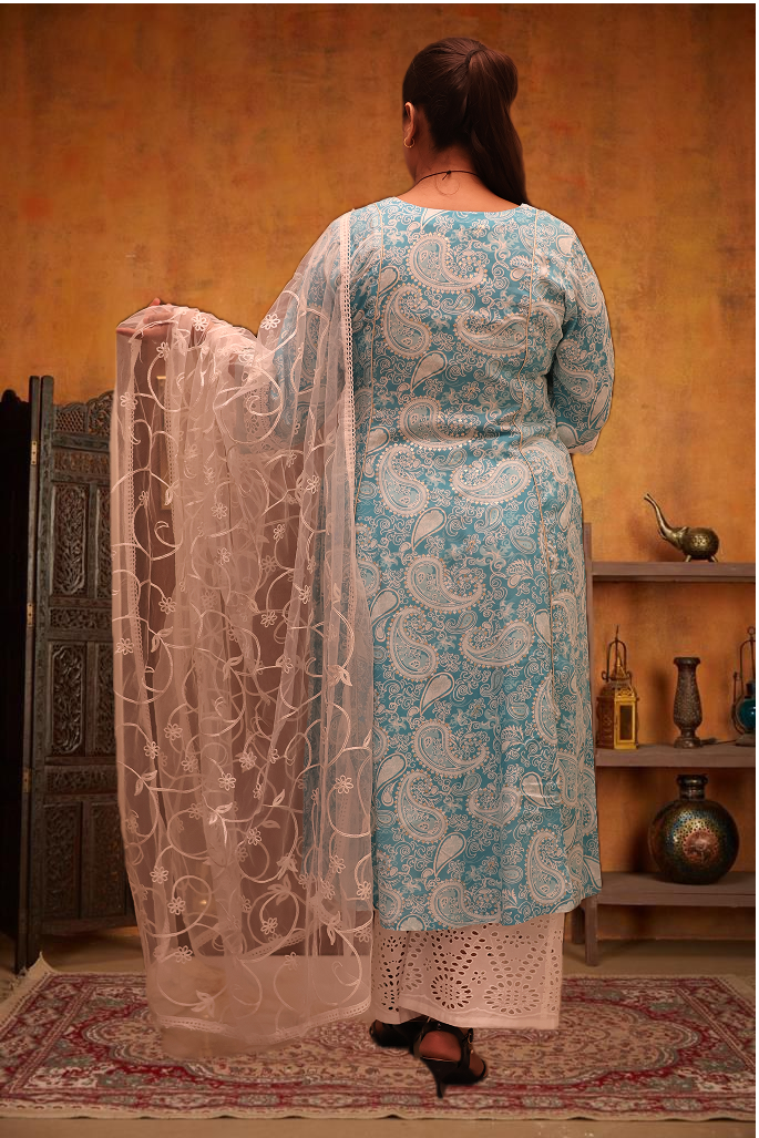 Soft Ryon Printed Flared Blue Kurta Set With Dupatta