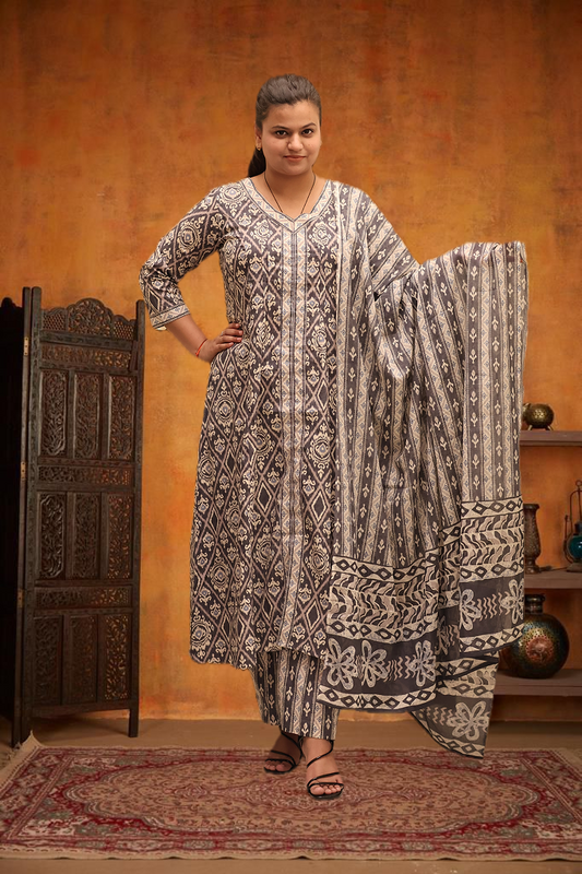 Soft Cotton Flared Grey Kurta Set