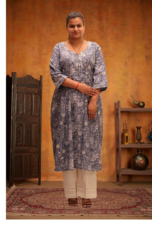 Soft Cotton Floral Flared Gray Kurta Set