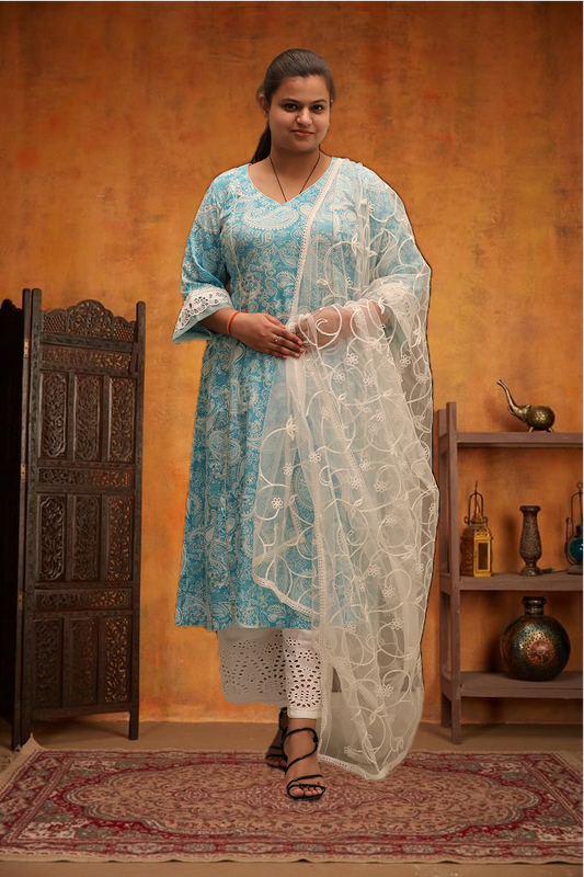 Soft Ryon Printed Flared Blue Kurta Set With Dupatta