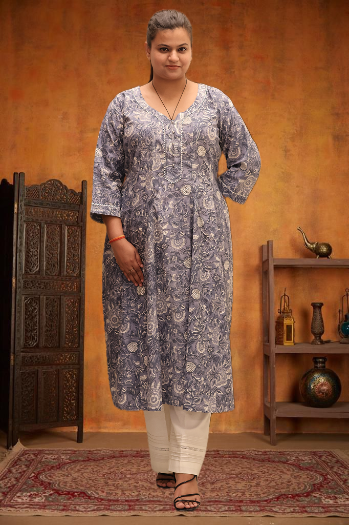 Soft Cotton Floral Flared Gray Kurta Set