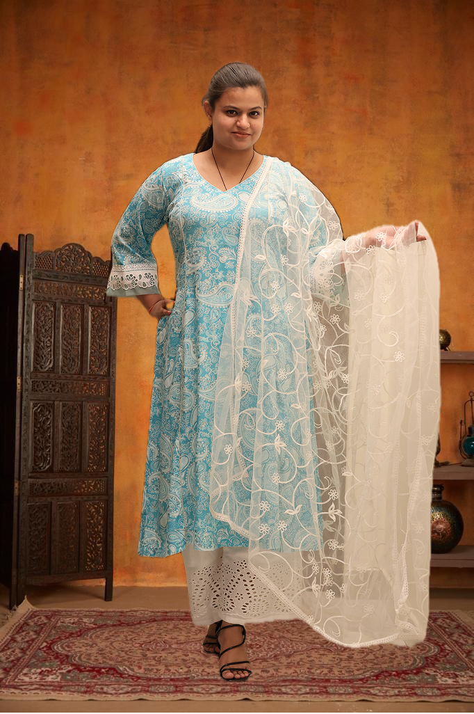 Soft Ryon Printed Flared Blue Kurta Set With Dupatta