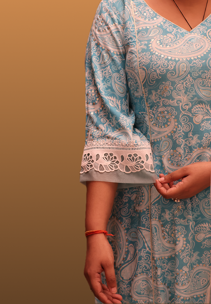 Soft Ryon Printed Flared Blue Kurta Set With Dupatta