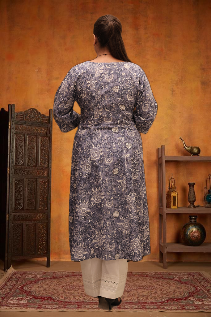 Soft Cotton Floral Flared Gray Kurta Set