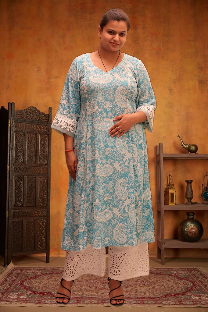 Soft Ryon Printed Flared Blue Kurta Set With Dupatta